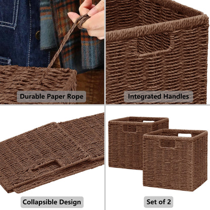 Vagusicc Wicker Storage Basket, Foldable Storage Cubes Organizer Bins, Handwoven Storage Baskets for Shelves Closet Wardrobe Bathroom