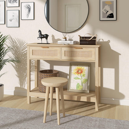 Trironsun Boho Rattan Console Table with 2 Drawers 2 Tier Entryway Table Farmhouse Wood Sofa Tables with Open Storage Shelf for Living Room Hallway