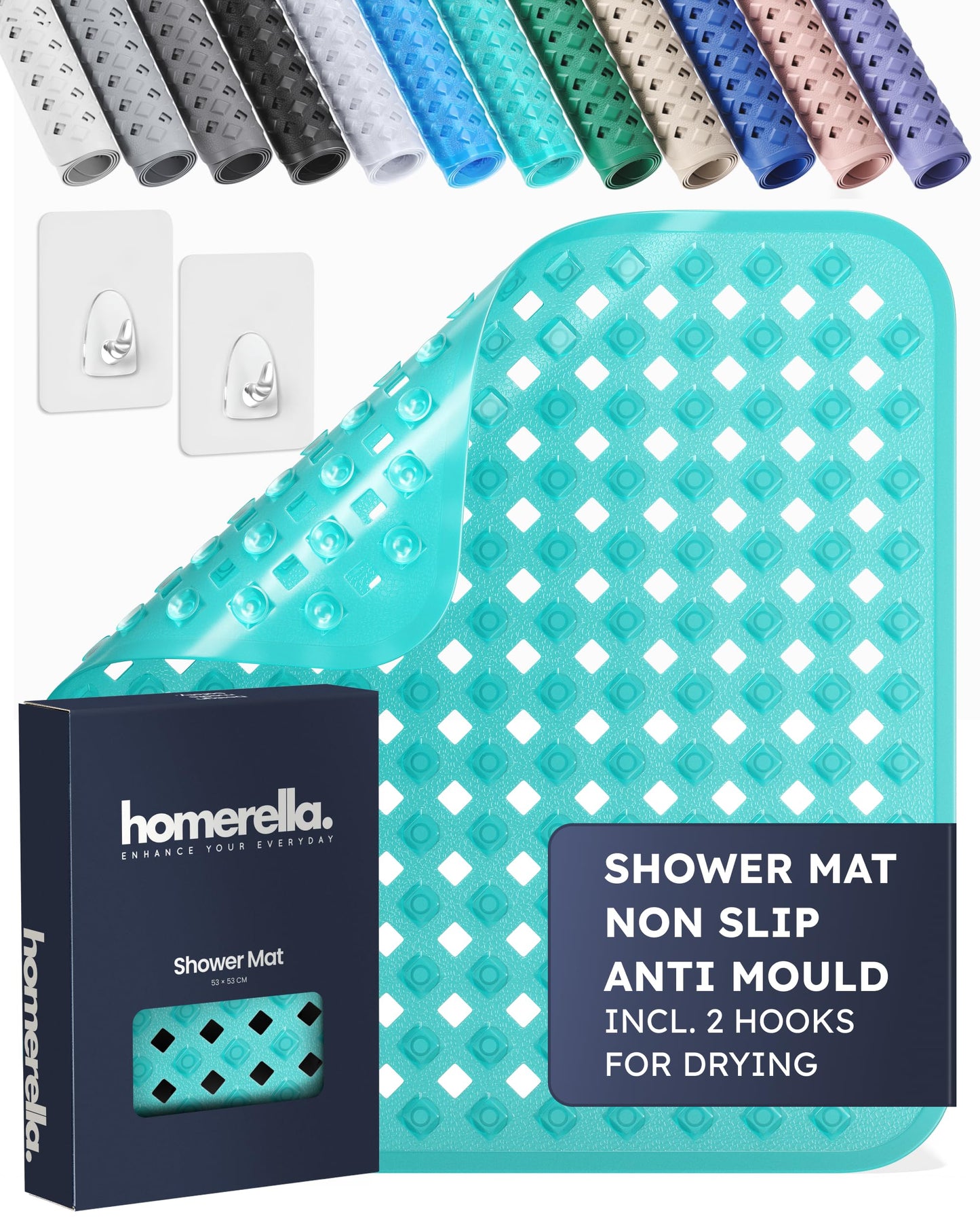 homerella? Shower Mat Non Slip Anti Mould 53 x 53 cm, INCL. Hooks for Drying, Bath Mat Non Slip Anti Mould, Shower Mats for Inside Shower, BPA-Free
