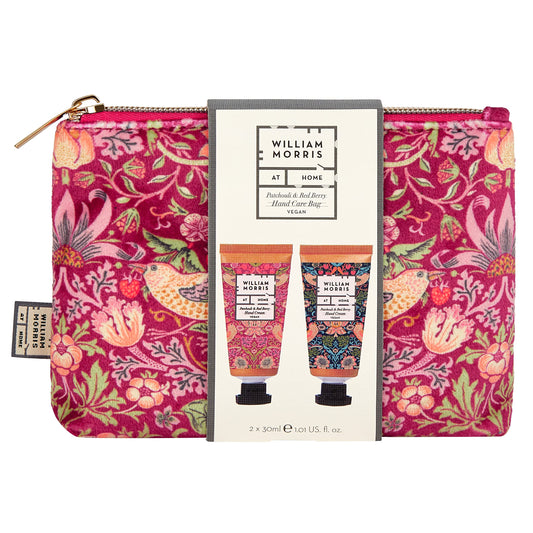 William Morris At Home Hand Cream 2x 30ml, Cosmetic Bag, Zip Pull Toiletry Beauty Organiser, Shea Butter, Patchouli and Red Berry Moisturiser, Travel