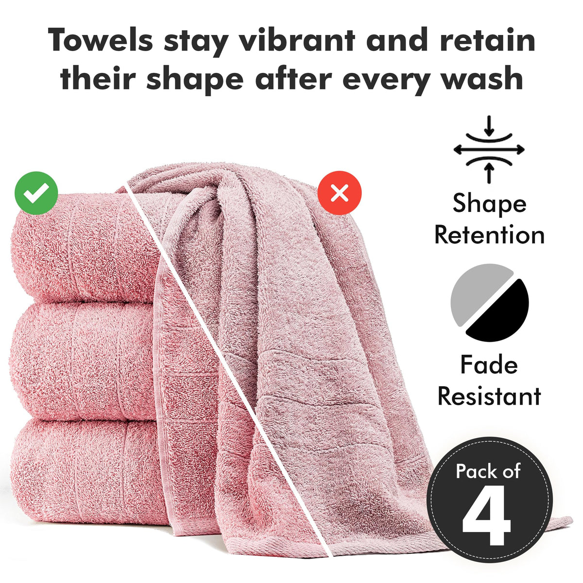 Novo Home Bath Towels Set of 4 – 550 GSM 100% Cotton Baby Pink Extra Large Towels for Bathroom, Spa Use (70x140 cm)