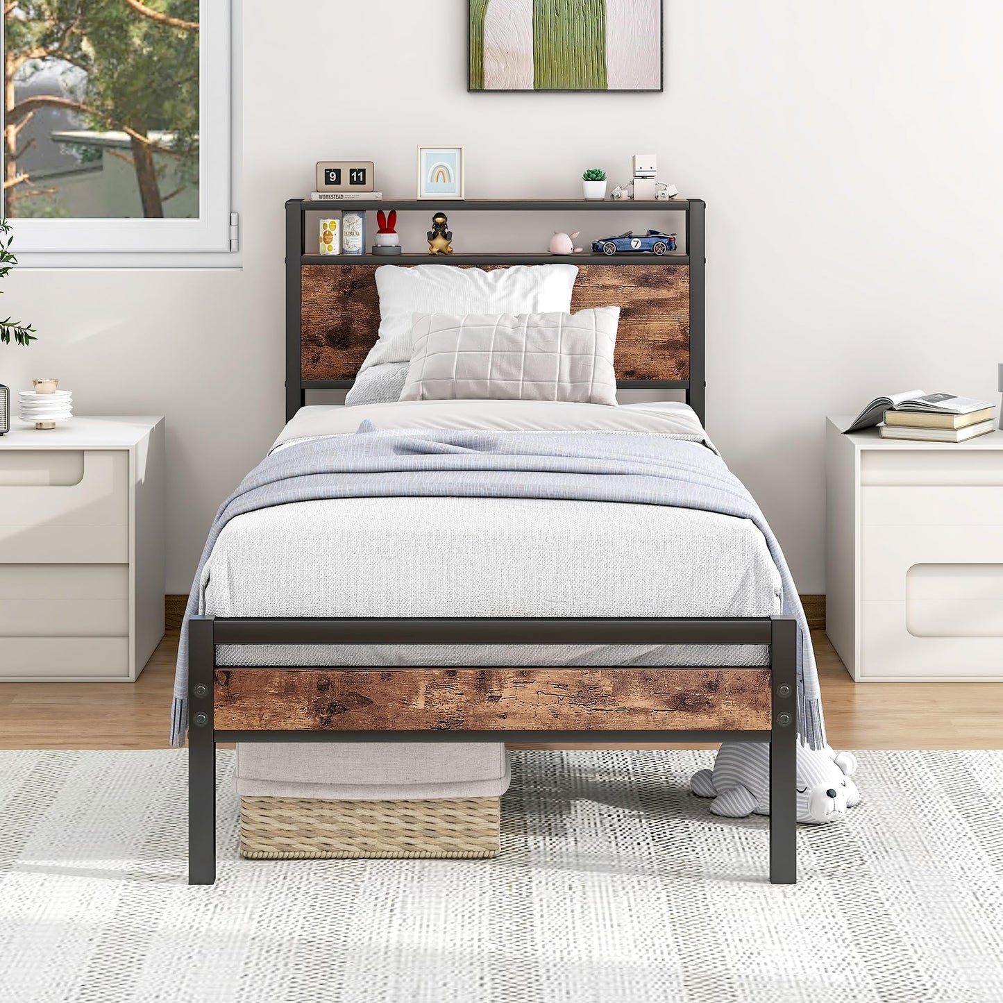 HOJINLINERO 3ft Single Bed Frame with Storage Headboard,Single Beds Metal Bed Frame,Heavy Duty Bed Frames Single Strong Steel Slats Support,Mattress