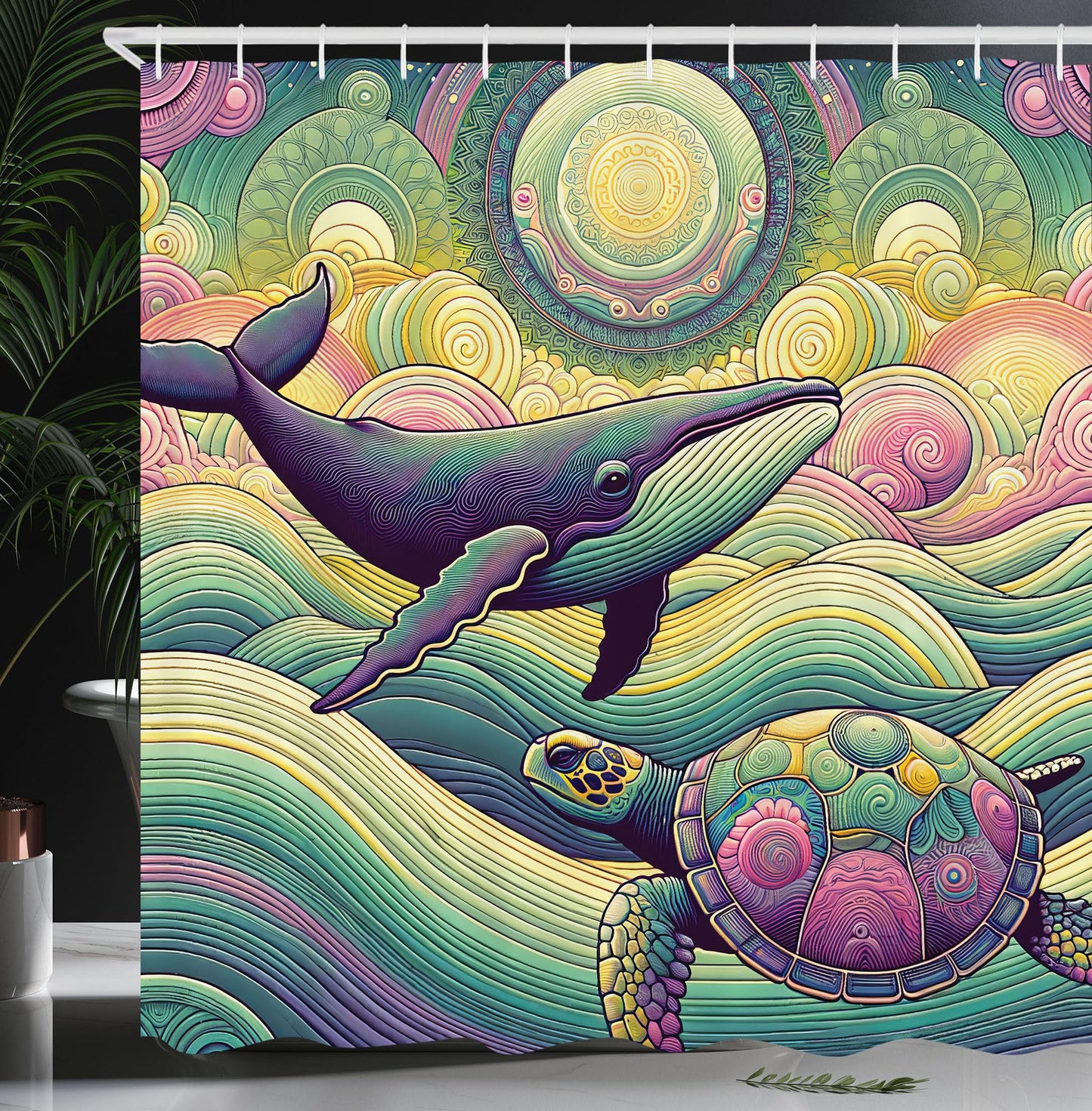 ABAKUHAUS Nautical Shower Curtain, Whale and Turtle Hippie, Cloth Fabric Bathroom Decor Set with Hooks, 175 x 200 cm, Seamousse Lila Pink