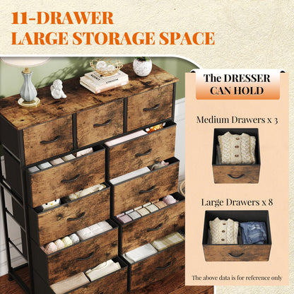Flrrtenv Chest of Drawer with 11 Drawers, Modern Bedroom Cabinte, Fabric Drawers with Wooden Top, Sturdy Metal Frame