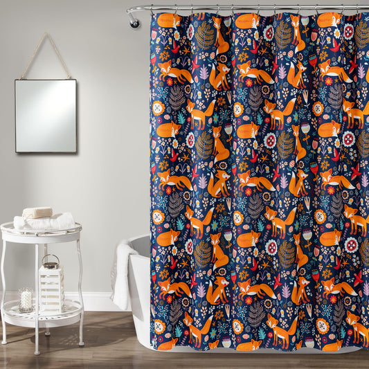 Lush Decor Pixie Fox Shower Curtain, 72" W x 72" L, Navy - Whimsical Floral & Fox Pattern - Fun Kids Shower Curtain - Woodland Kids Bathroom Decor
