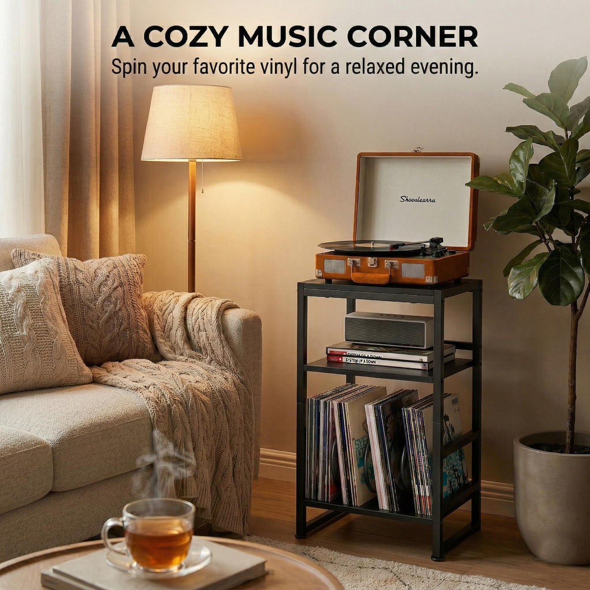 ZEXVIDA Vinyl Record Player Stand, 3-Tier End Table with Vinyl Record Storage, Record Player Table Holder Cabinet Up to 120 Albums for Living Room
