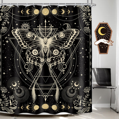 LGhtyro Gold Moth Shower Curtain 60Wx71H Inch Moon Phase Shower Curtain Bathroom Set Gothic Black Butterfly Moonlit Bath Curtain Witchy Tarot