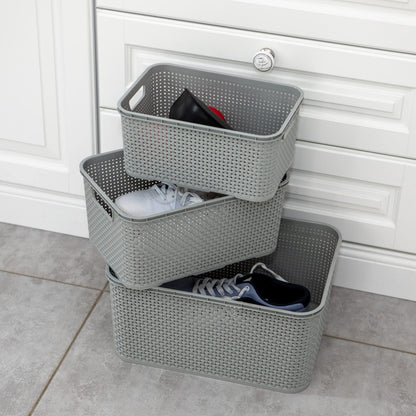 BranQ Home Essential Universal Multifunctional Basket in Rattan Design, Size M 10 L, BPA-Free Plastic PP, Light Grey, 28.8 x 19.7 x 16.2 cm