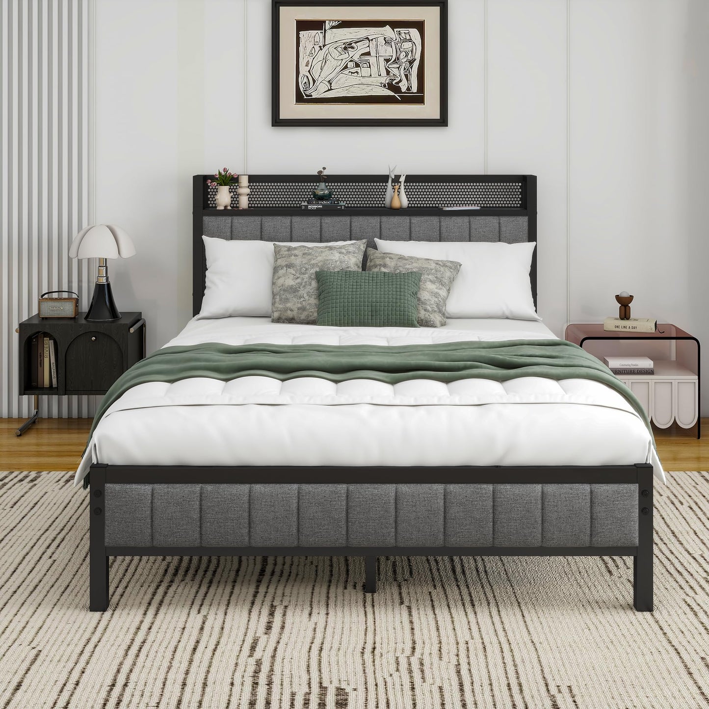 Diahomy 4ft6 Double Bed Frame With Storage Headboard, Dark Grey