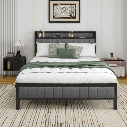 Diahomy 4ft6 Double Bed Frame With Storage Headboard, Dark Grey