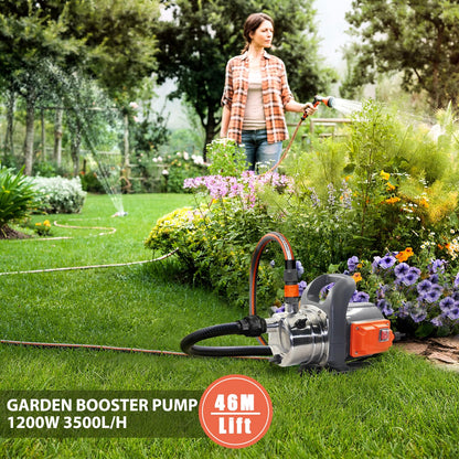 VEATON 1200W Portable Garden Booster Jet Pump, 3500L/H Stainless Steel Pressure Pump, Max Water Lift 46m, 4.6 bar, Transfer Clean Water for Home Lawn