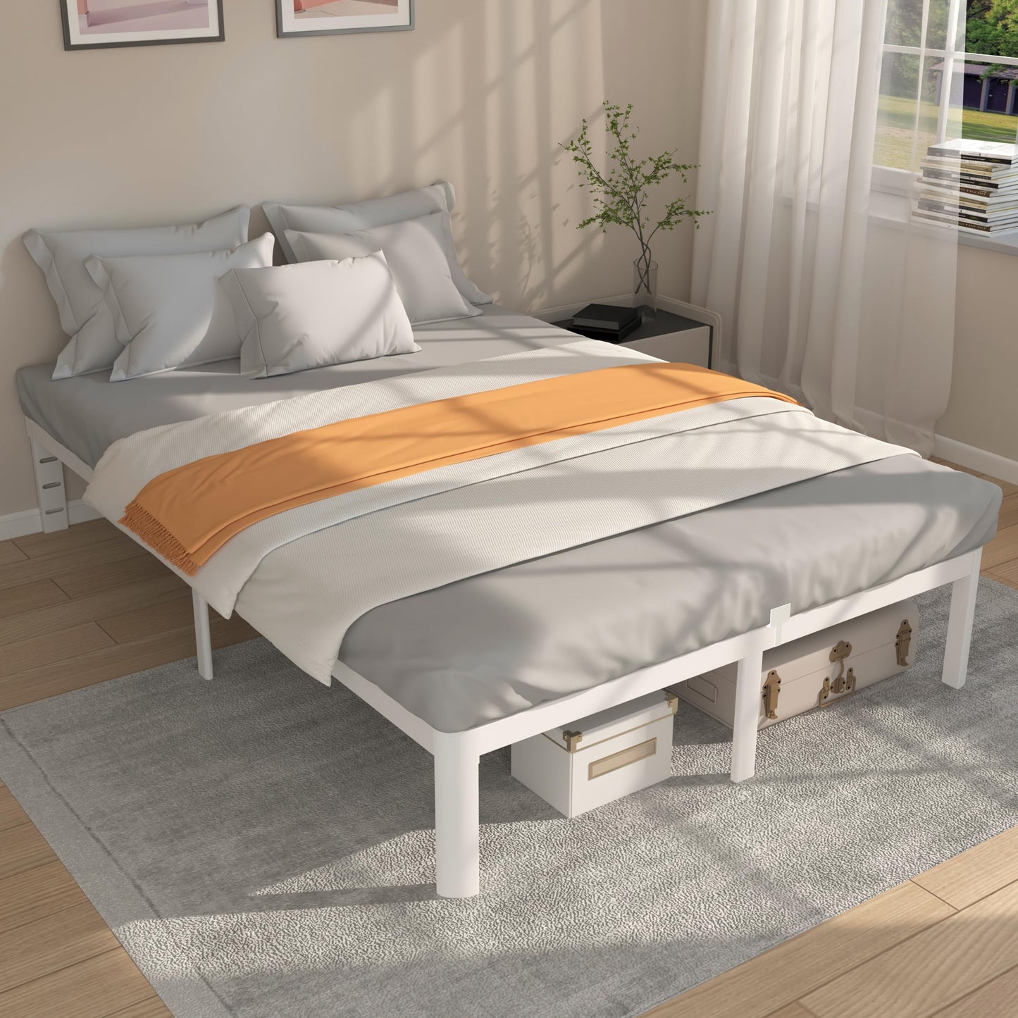 KVLKBV Double Bed Frame 140 x 190 cm, White Bed Frame with Metal Anti-slip Gasket and Large Storage Space Under Bed - Suitable for Bedroom