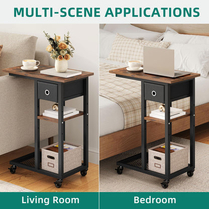 YITAHOME 2PCS Bedside Table, C-Shaped Side Table with Drawer and Wheels
