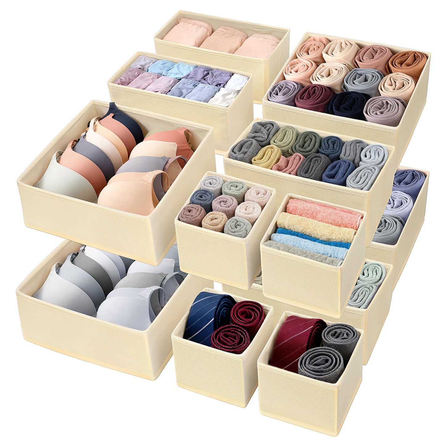 Vivantia 12 Pack Fabric Drawer Organisers for Clothes 3 Sizes Foldable Wardrobe Storage Organiser Bins Underwear Drawer Dividers Clothes Storage