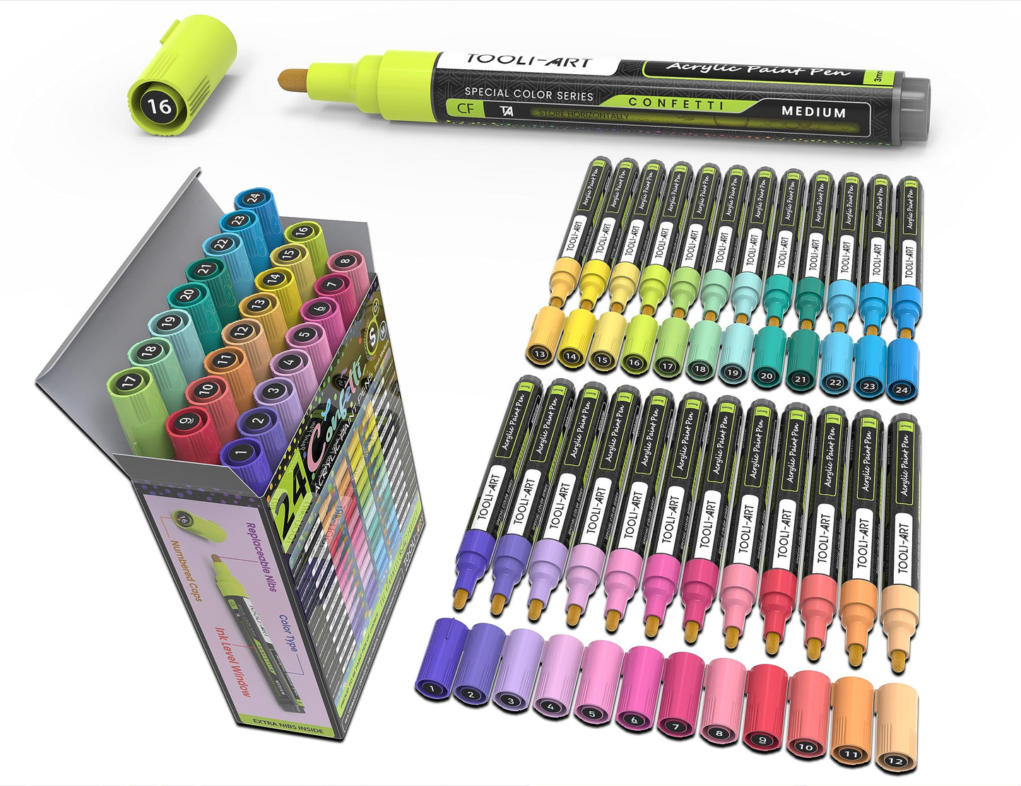24 Confetti Colours Acrylic Paint Pens Markers Set 3mm Medium Tip, Rock Painting, Glass, Mugs, Wood, Metal, Canvas, Pottery, Plastic, DIY Projects,