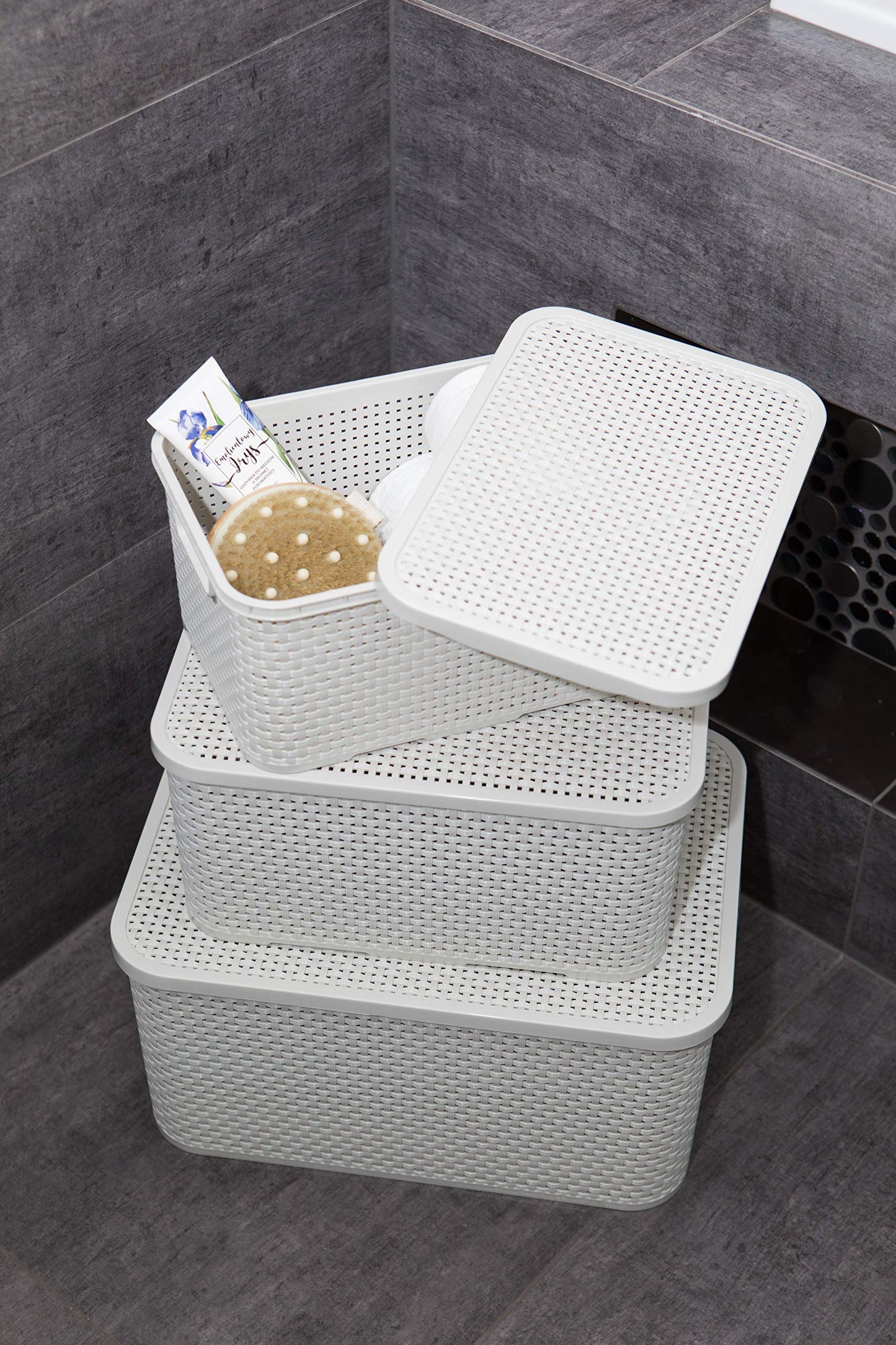 BranQ Home essential Lid Basket in Rattan Design Set of 2 Size M 10 L Plastic Polypropylene Cream 10 L