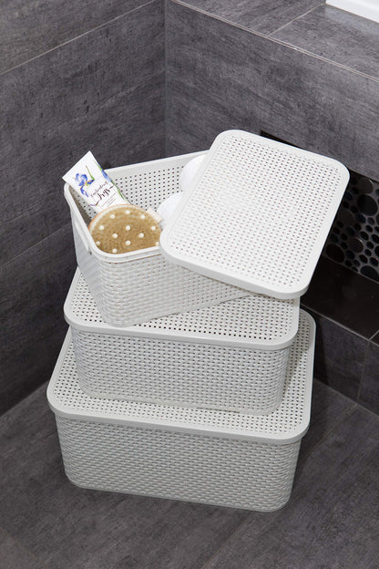 BranQ Home essential Lid Basket in Rattan Design Set of 2 Size M 10 L Plastic Polypropylene Cream 10 L