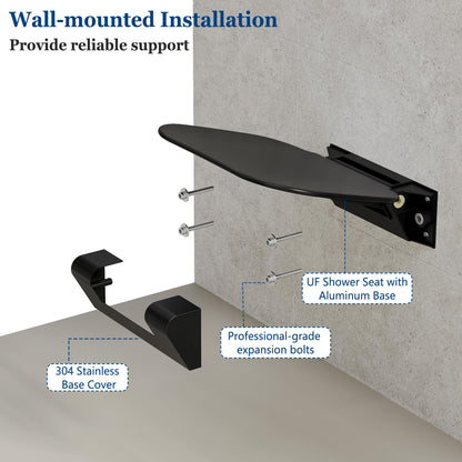 Neohomee Folding Shower Seat Wall Mounted Shower Chair 40x40 cm, Extra-Wide Black Shower Stool for Elderly, 200kg Capacity, Anti-Slip