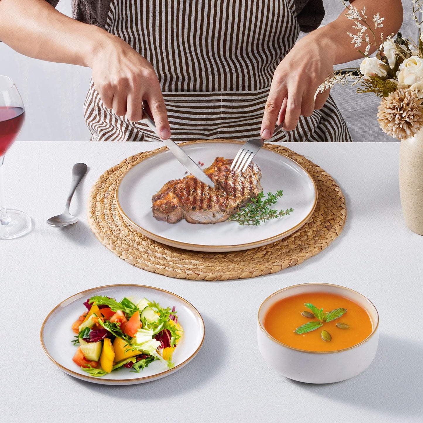 Homikit 12 Piece Dinner Set, Reactive Glaze Kitchen Dinnerware Sets for 4, Elegant Stoneware Included Plates and Bowls, Non-Scratch & Sturdy,