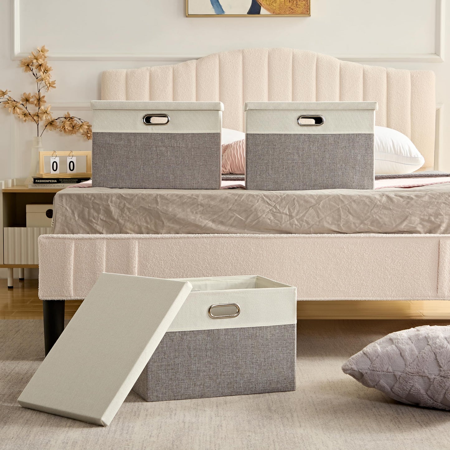 AlphaHome Storage Boxes with Lids, Glaucous Grey and White(2 Pack, Large)