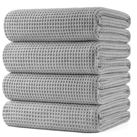 POLYTE Microfibre Oversize Quick Dry Lint Free Bath Towel, 152 x 76 cm, 4 Pack (Light Grey, Waffle Weave)