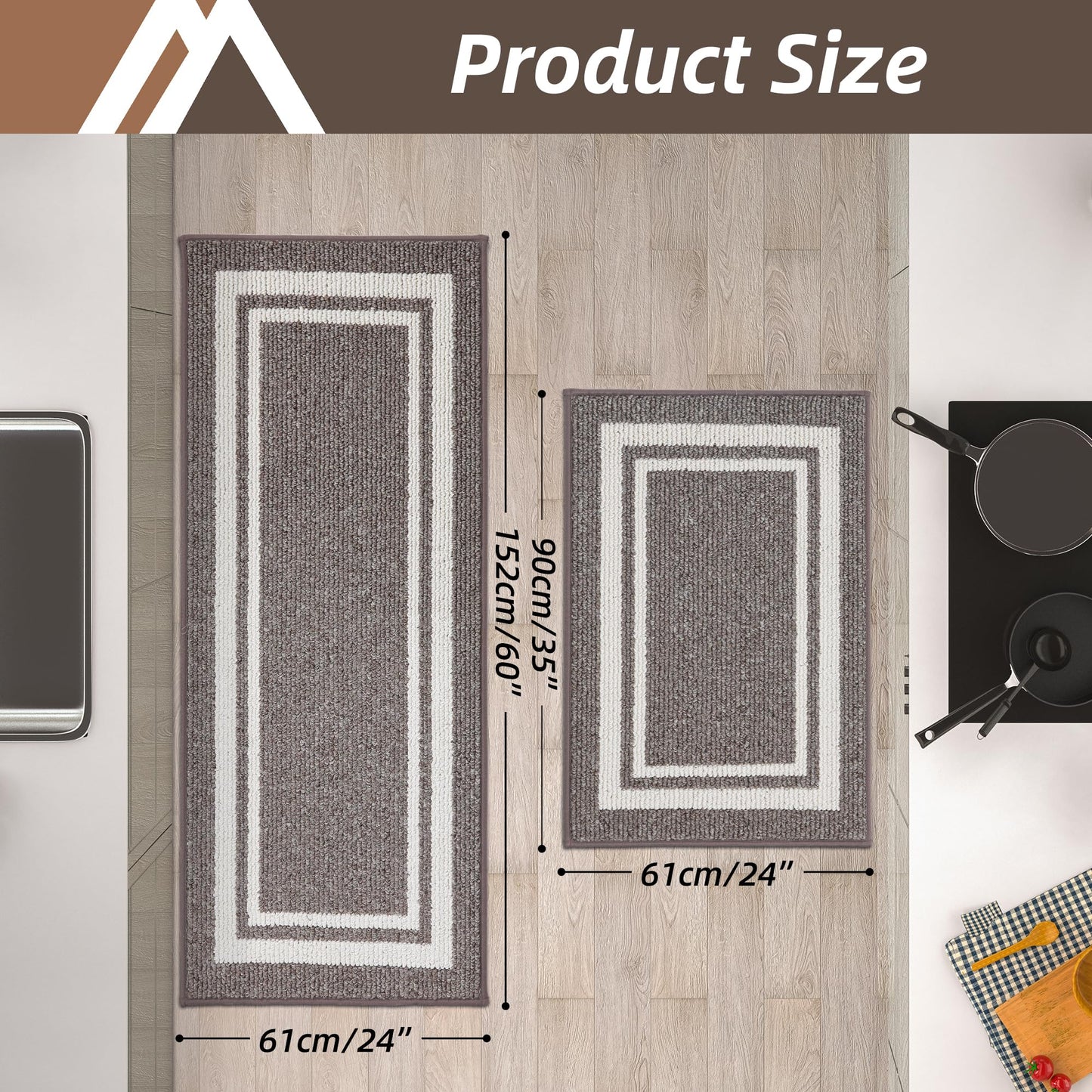 COSY HOMEER Kitchen Rugs 2 Pieces, 61x90cm+61x152cm, Absorbent and Stain-Resistant Kitchen Mats Non-Slip, Machine Washable Kitchen Runners Floor Mat