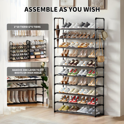 SPUSEN Metal Shoe Rack, 10 Tier Shoe Storage Organizer with Hooks,Fit 40-45Pairs Shoes,Metal Tall Shoe Shelf for