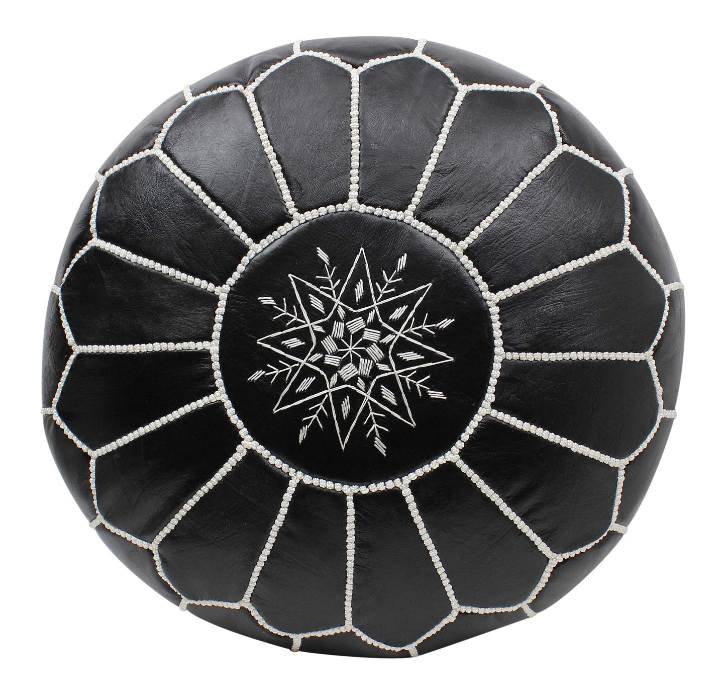 ESSENCE OF MOROCCO Moroccan Pouffe Pouf Footrest Footstool Ottoman Real Leather Black and White Handmade Hand-stitched with Embroidered Marrakech