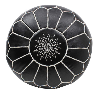 ESSENCE OF MOROCCO Moroccan Pouffe Pouf Footrest Footstool Ottoman Real Leather Black and White Handmade Hand-stitched with Embroidered Marrakech