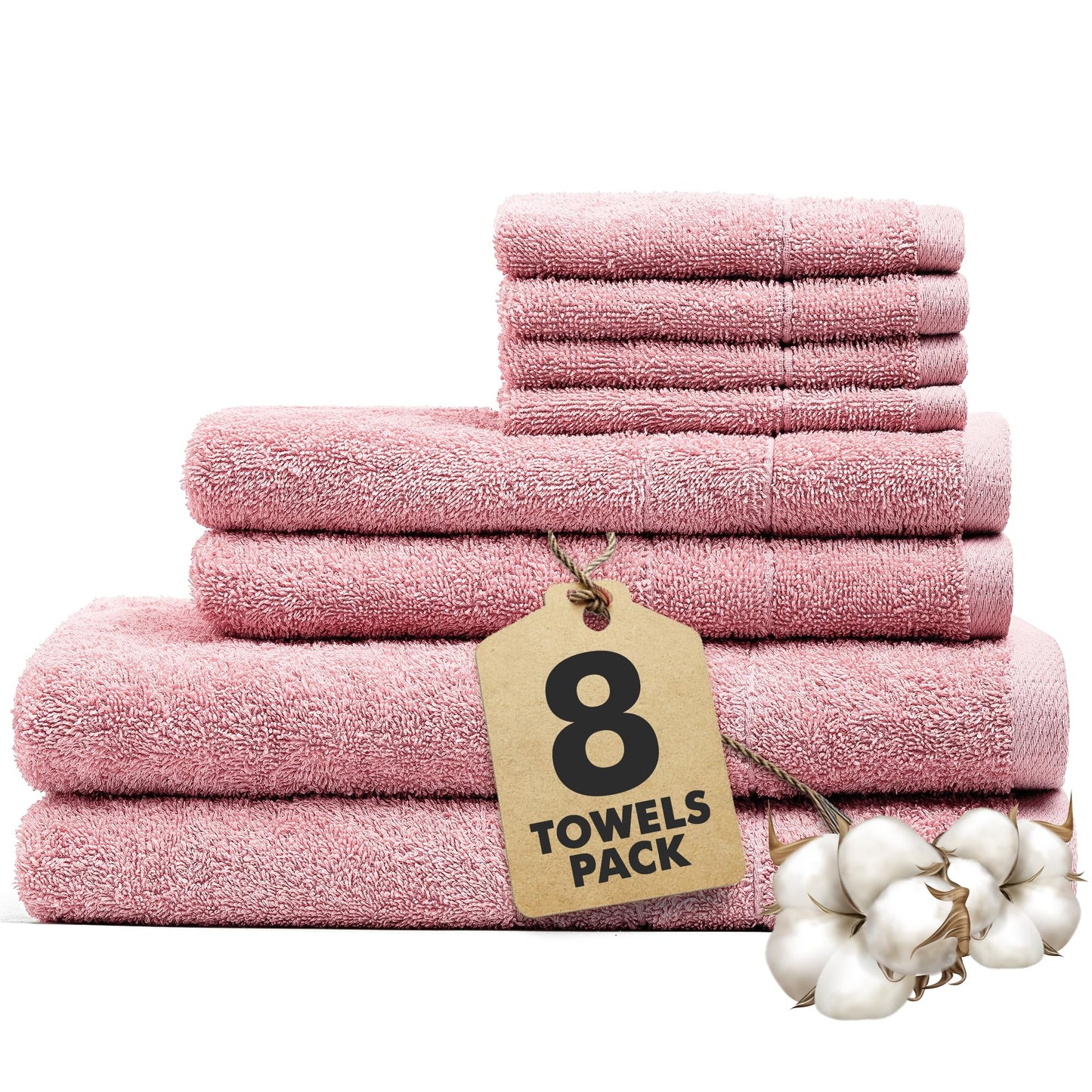 Novo Home Bath Towels Set of 8 ? 100% Cotton Baby Pink Towel Set Bale Includes 2 Bath, 2 Hand, 4 Face Towels ? Soft, Absorbent & Quick Dry Towel for