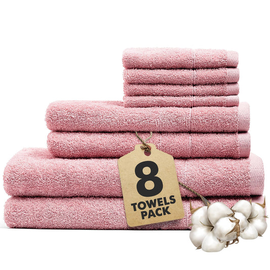 Novo Home Bath Towels Set of 8 ? 100% Cotton Baby Pink Towel Set Bale Includes 2 Bath, 2 Hand, 4 Face Towels ? Soft, Absorbent & Quick Dry Towel for