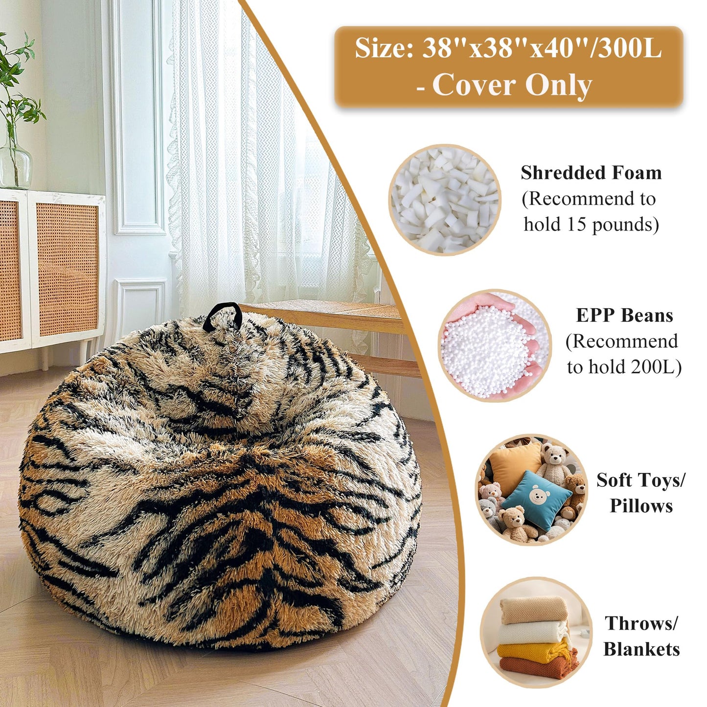 XeGe Soft Faux Fur Tiger Print Bean Bag Chair Cover(No Filler), Tiger Brown