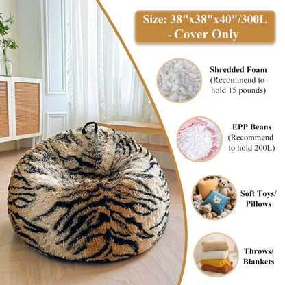 XeGe Soft Faux Fur Tiger Print Bean Bag Chair Cover(No Filler), Tiger Brown
