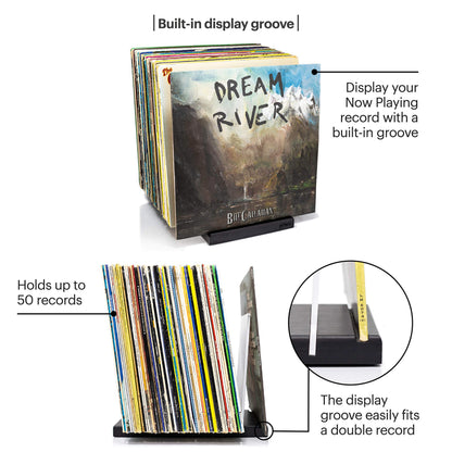 MÖNKE Premium Vinyl Record Storage - a Mid-Century Style Record Holder, 50 LP Capacity - with a Now-Playing Record Display Groove (Black)