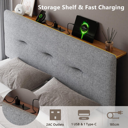 Feonase 4ft Double Bed Frame with Storage Linen Headboard, Upholstered Bedframe double bed with Charging Station, Sturdy Wooden Slat Support