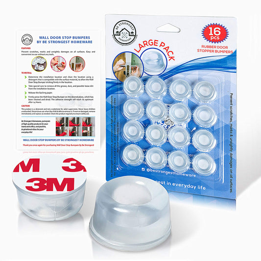 Door Stops - Wall Protector - 16 Pack - Clear Rubber - Wall Mounted - Self Adhesive - Guard Against Slam Door