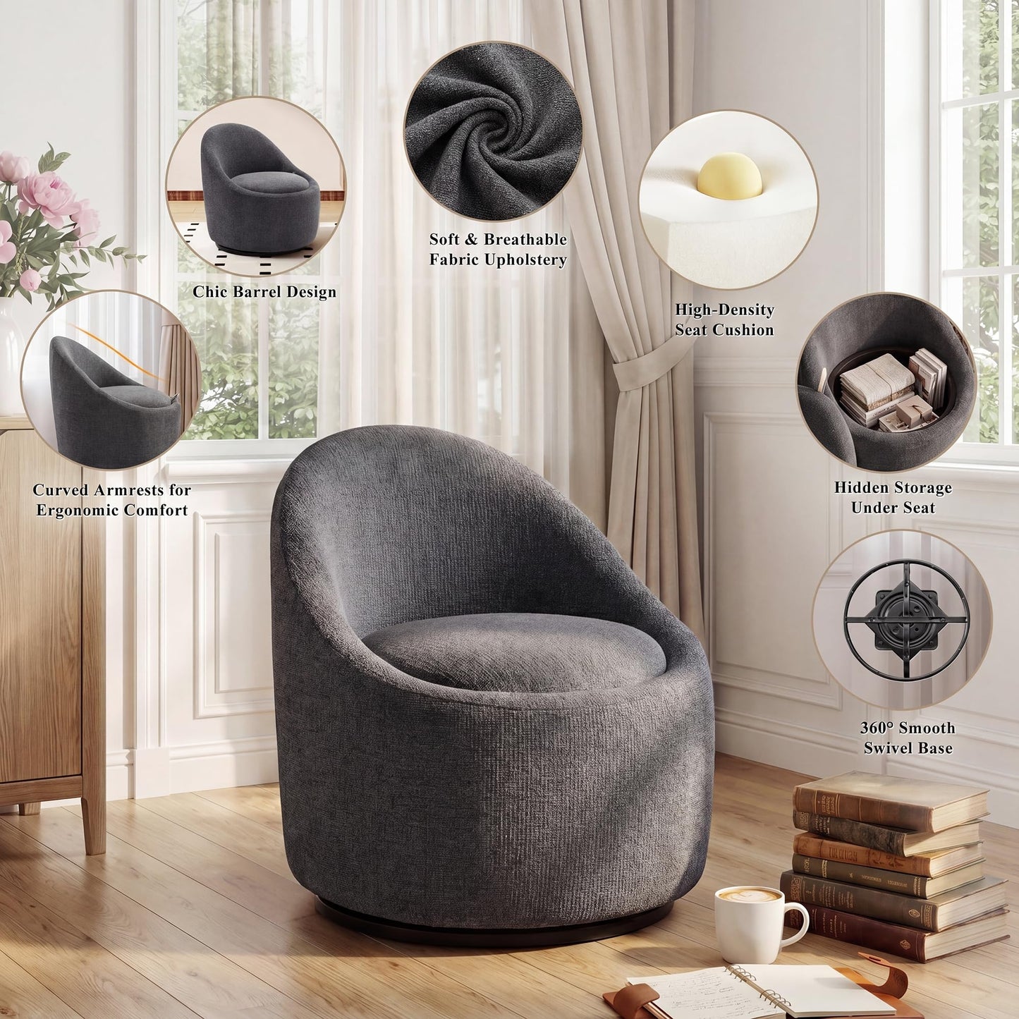 Barrel Swivel Accent Chair with Hidden Storage, 360° Rotating Lounge Chair, Upholstered Breathable Fabric, High Density Foam Seat
