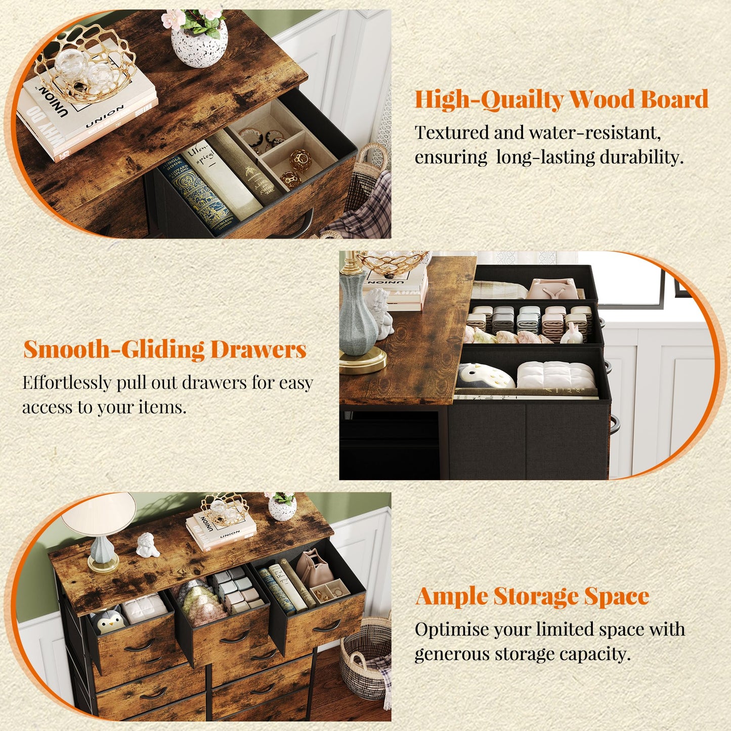 Flrrtenv Chest of Drawer with 11 Drawers, Modern Bedroom Cabinte, Fabric Drawers with Wooden Top, Sturdy Metal Frame