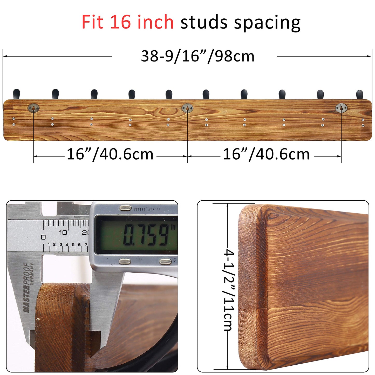 WEBI Coat Rack Wall Mount,98cm Long,10 Hooks,Wood Coat Hooks Wall Mounted Coat Hanger Wall,Hook Rack Rail,Triple Hooks for Hanging