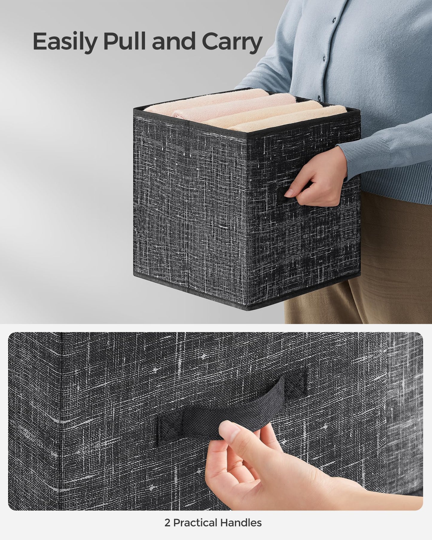 SONGMICS Storage Cubes, 33 cm Non-Woven Fabric Bins with Double Handles, Set of 8, Wardrobe Organisers for Shelves, Foldable, for Clothes, Ink Black