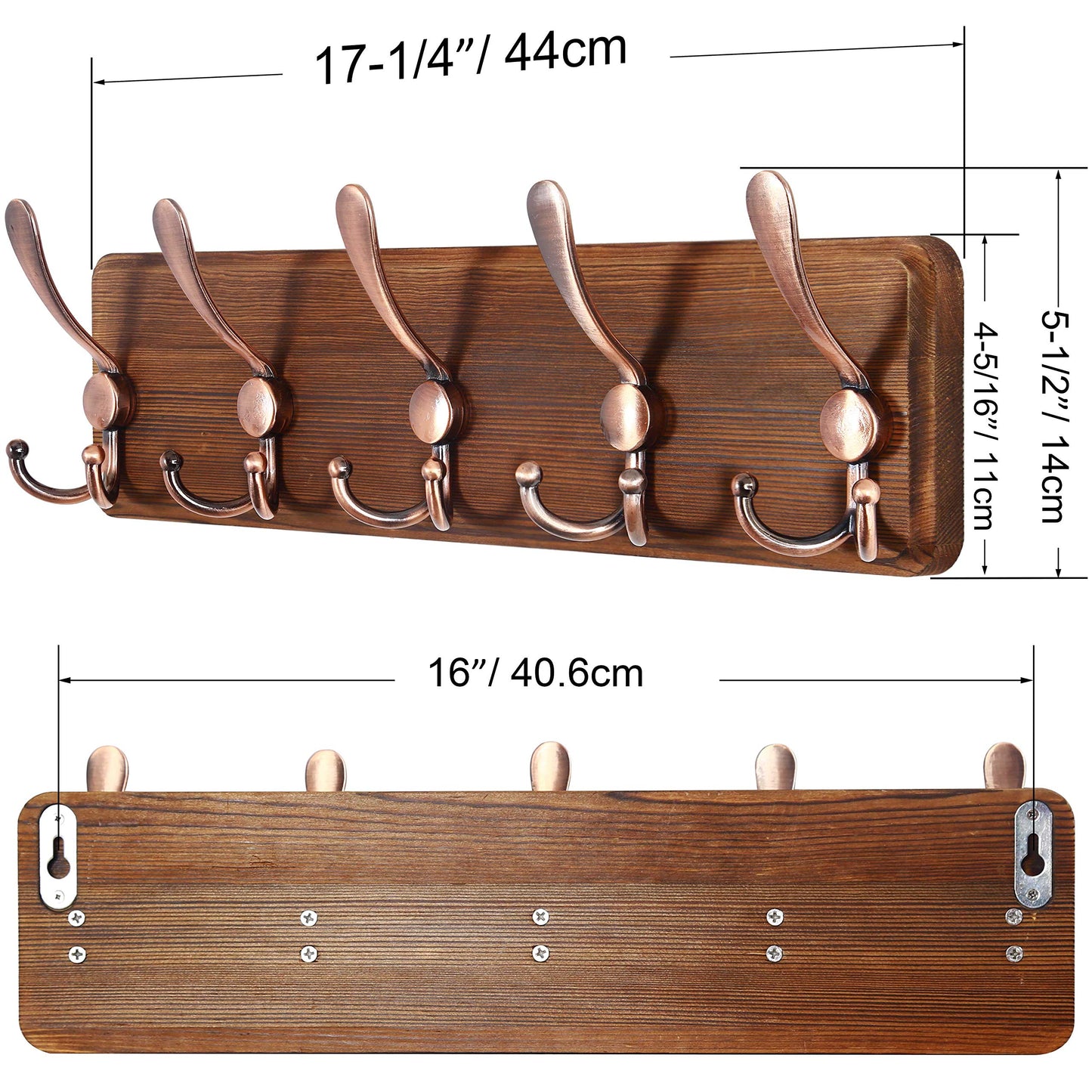 SKOLOO Coat Rack Wall Mounted - Wooden, Heavy Duty, Rustic Coat Hooks for Wall, Wall Coat Rack with 5 Triple Hooks for Hanging Clothes, Jacket