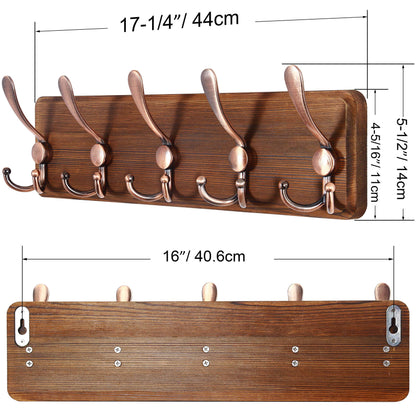 SKOLOO Coat Rack Wall Mounted - Wooden, Heavy Duty, Rustic Coat Hooks for Wall, Wall Coat Rack with 5 Triple Hooks for Hanging Clothes, Jacket