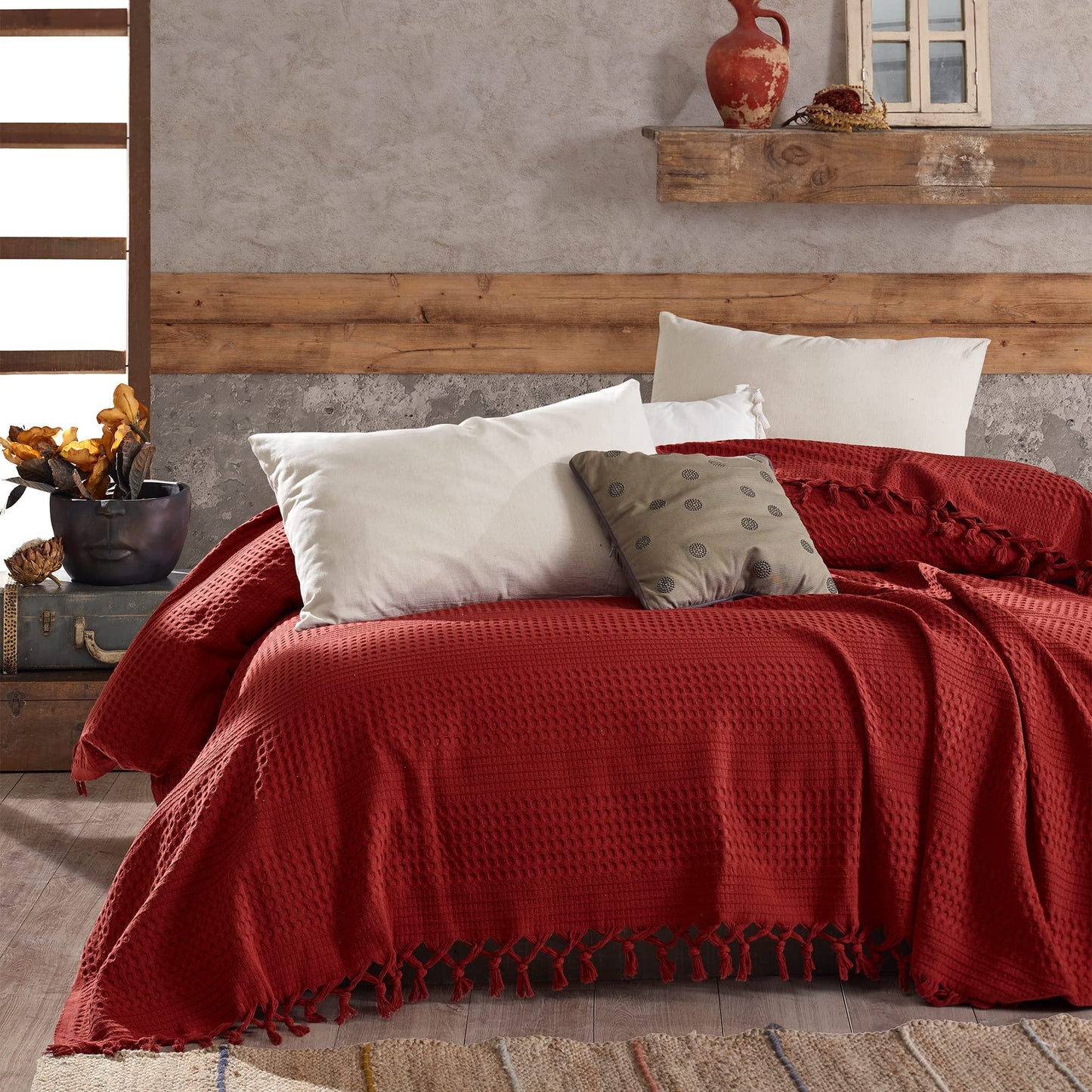 Milam London Burgundy Throw Blanket | Cotton Waffle Bedspreads King Size | Sofa Throws Large 3 Seater | Bed Throw King Size | Burgundy Blanket For Bed