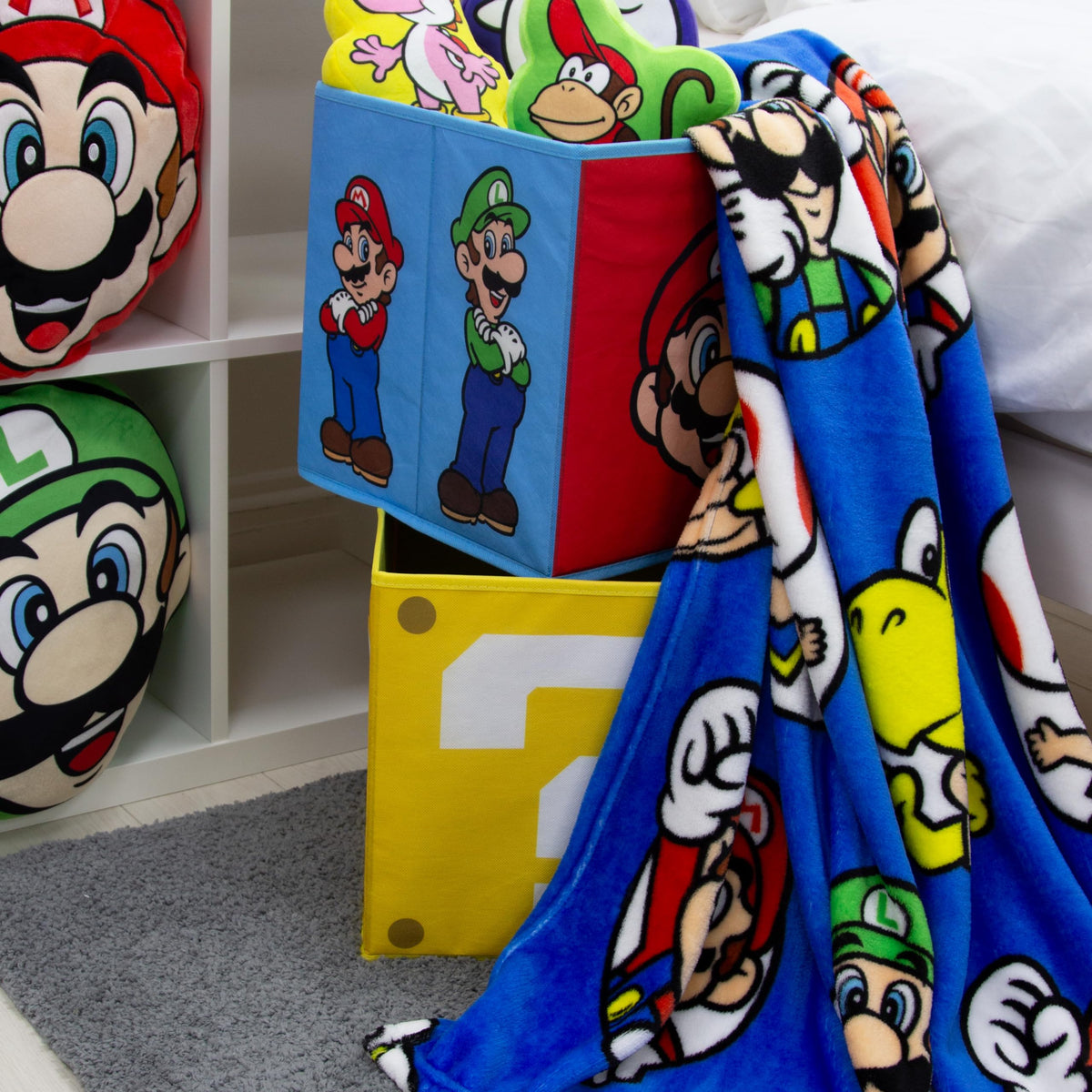 Nintendo Super Mario Officially Licensed Storage Boxes | 2 pack Foldable Storage Cubes Faces Design with Mario and Luigi