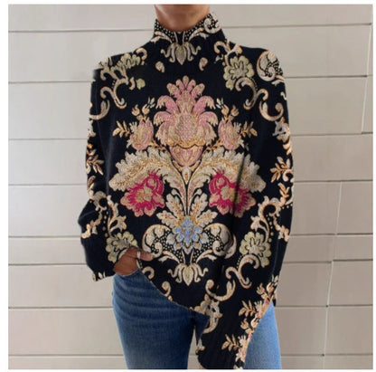 3D Color Matching Pattern Printed Turtleneck Long Sleeve Sweater