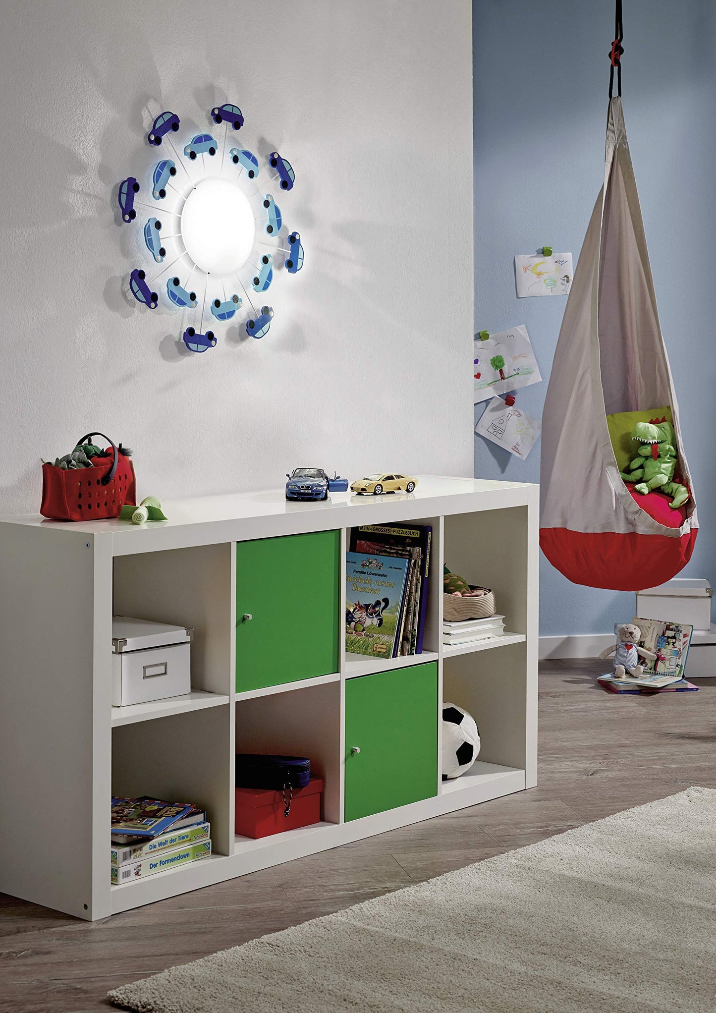 Eglo Viki 1 Kids Ceiling Light, Steel Flush Mounted Wall Light in Blue with Satin and White Glass, E27 Socket
