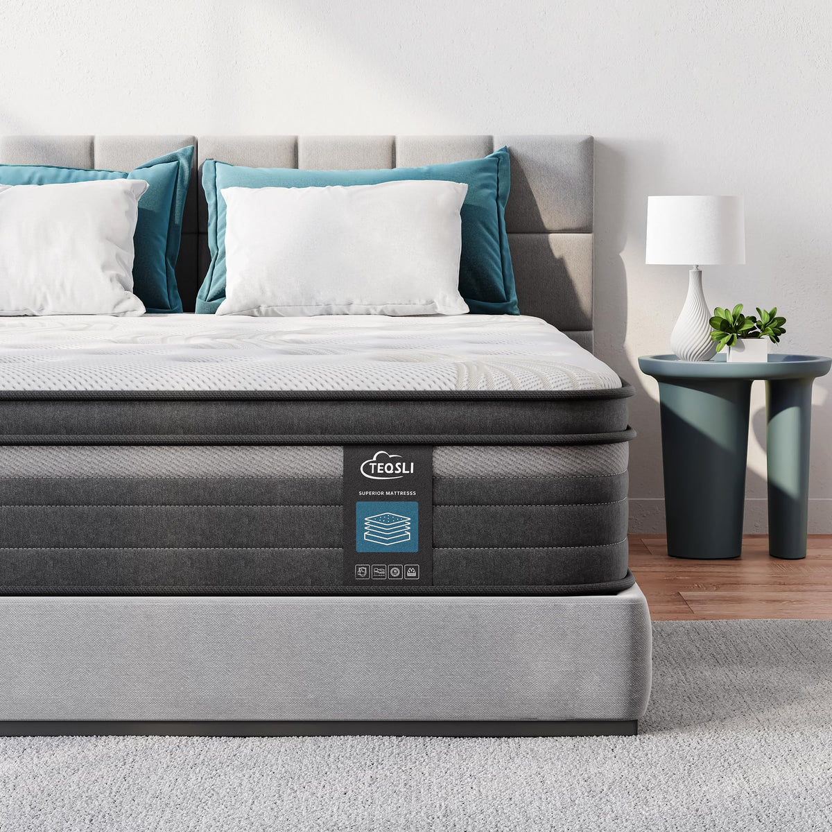 TeQsli Individually Pocket Sprung Double Mattress 4FT6 with Soft Fabric, 10.6 Inch Hybrid Mattress Double for Pressure & Back Pain Relief