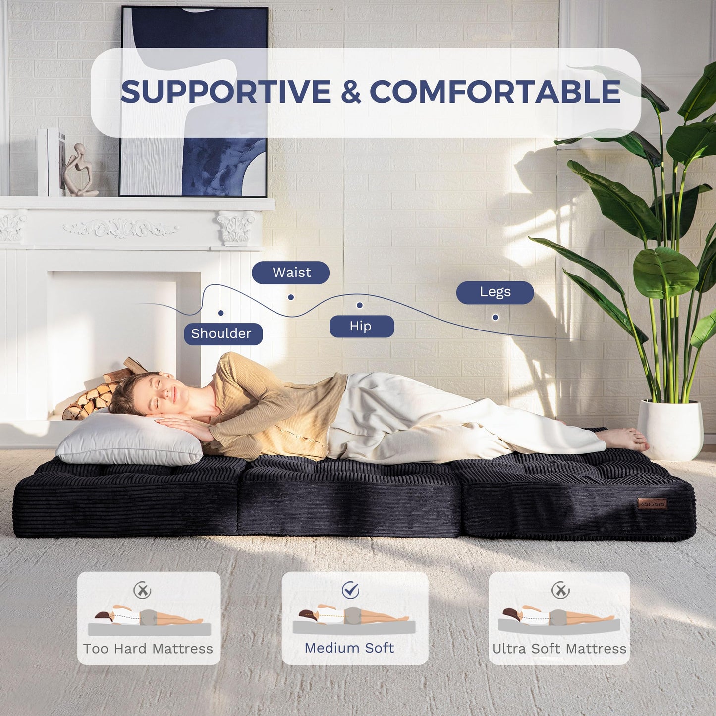 MAXYOYO Folding Mattress, Comfy Corduroy Foldable Mattress with 15cm Thicken Foam, Tri-Fold Floor Futon Sofa Bed for Guest,Black,Single