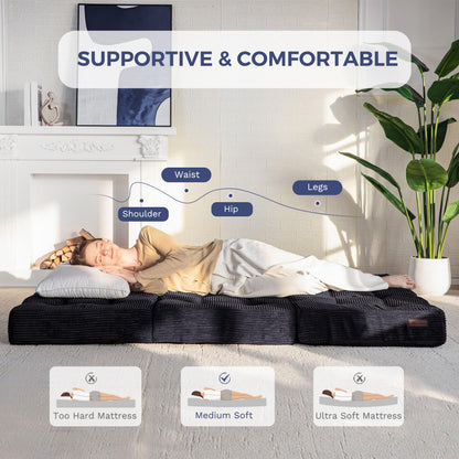MAXYOYO Folding Mattress, Comfy Corduroy Foldable Mattress with 15cm Thicken Foam, Tri-Fold Floor Futon Sofa Bed for Guest,Black,Single