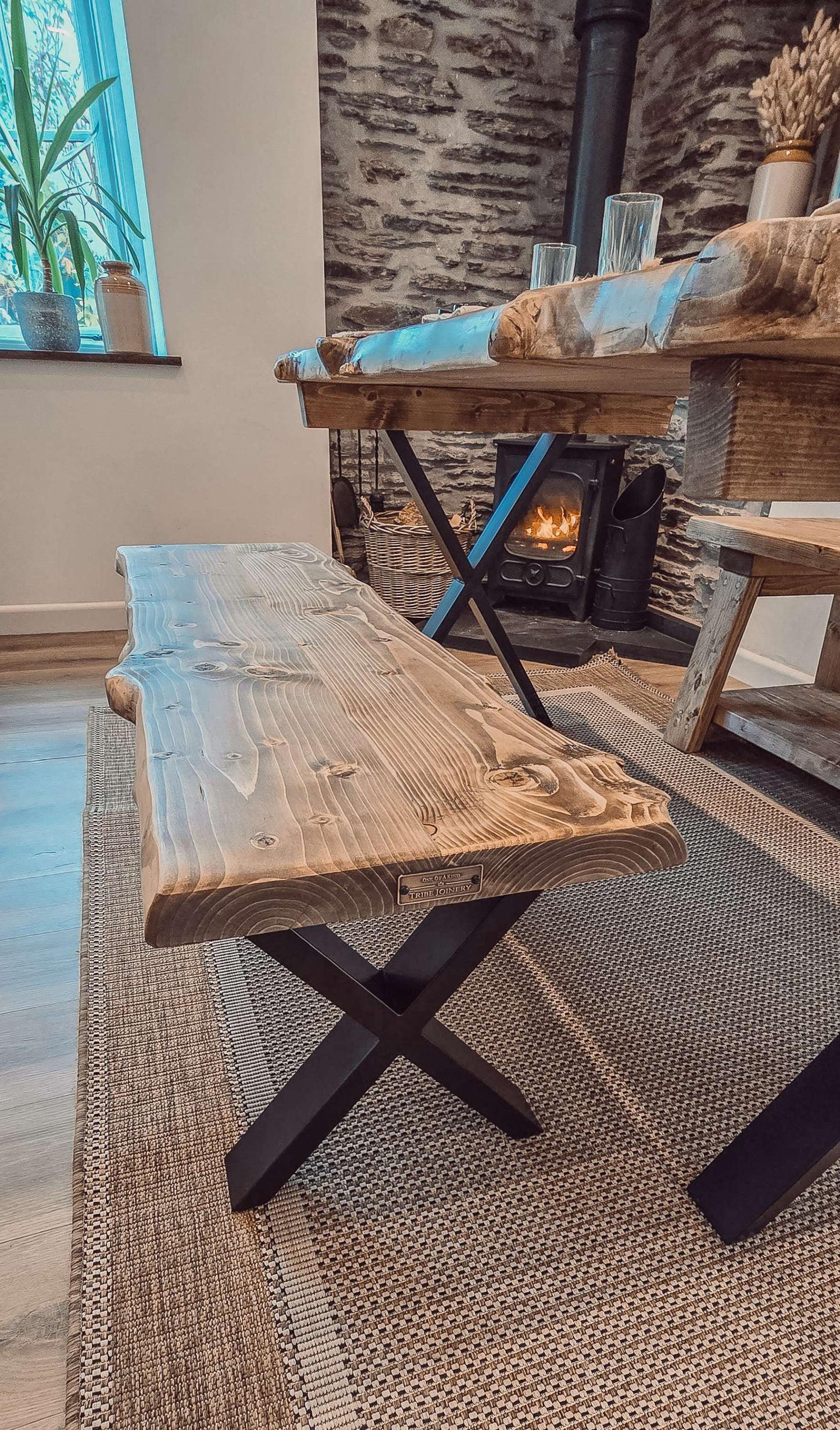 Live / Waney Edge Dining Table With X Cross Metal Legs